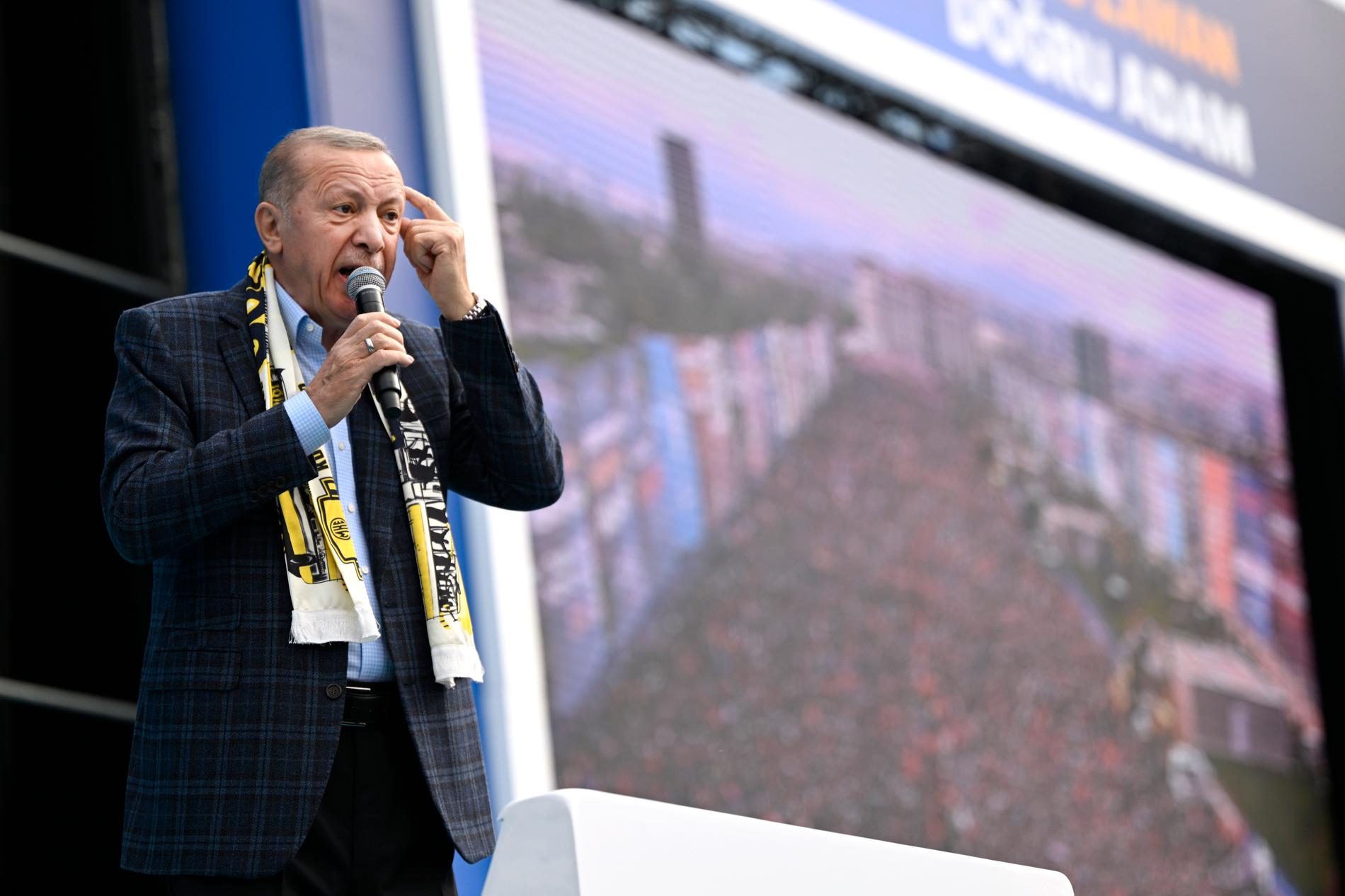 Turkiets president Recep Tayyip Erdogan talar inför tiotusentals anhängare vid ett valmöte i Ankara.