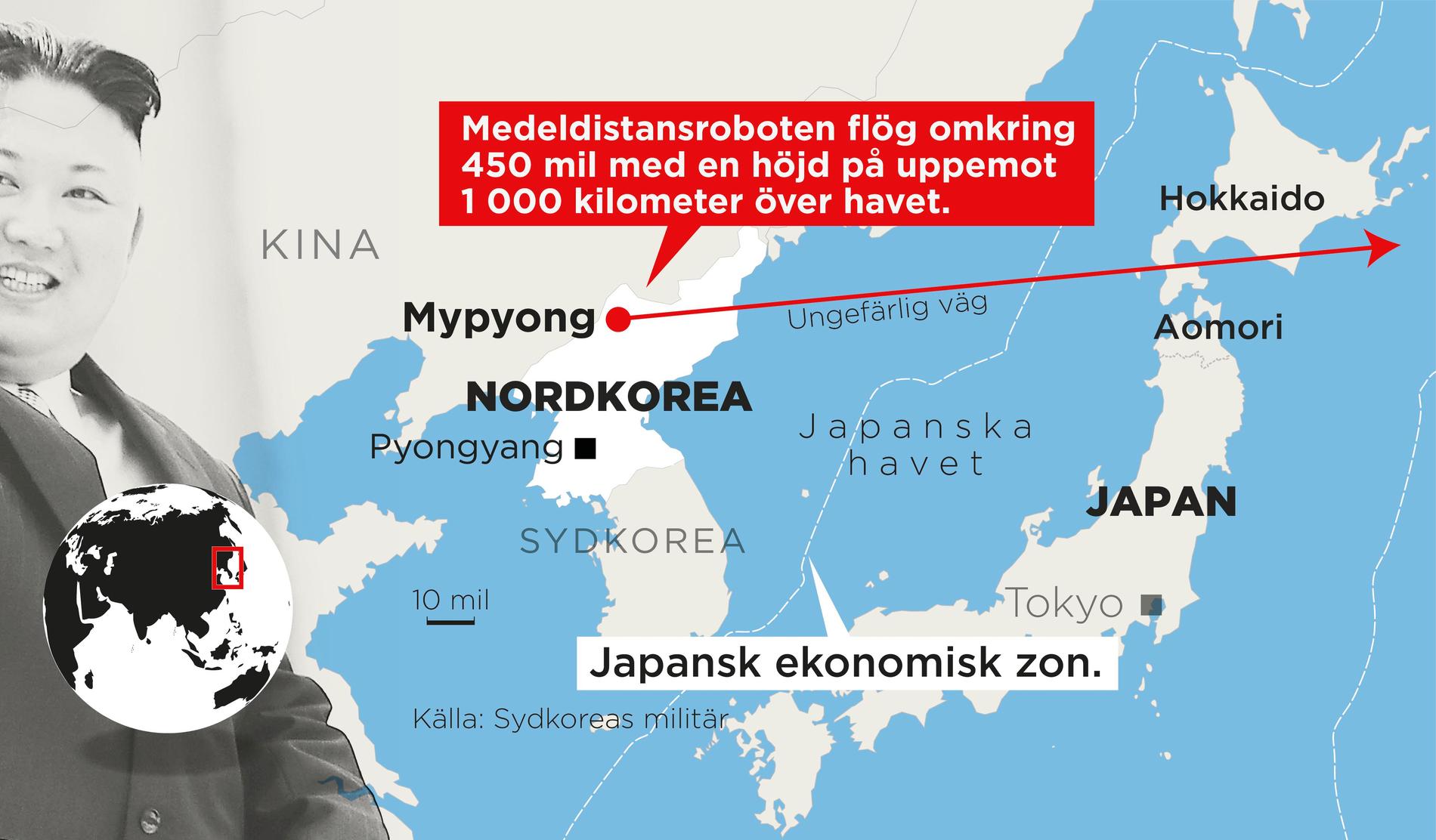 Den nordkoreanska robotens färdväg över japanskt territorium.