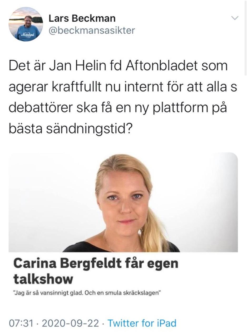 Moderaten Lars Beckman antyder att Carina Bergfeldt är en S-debattör.
