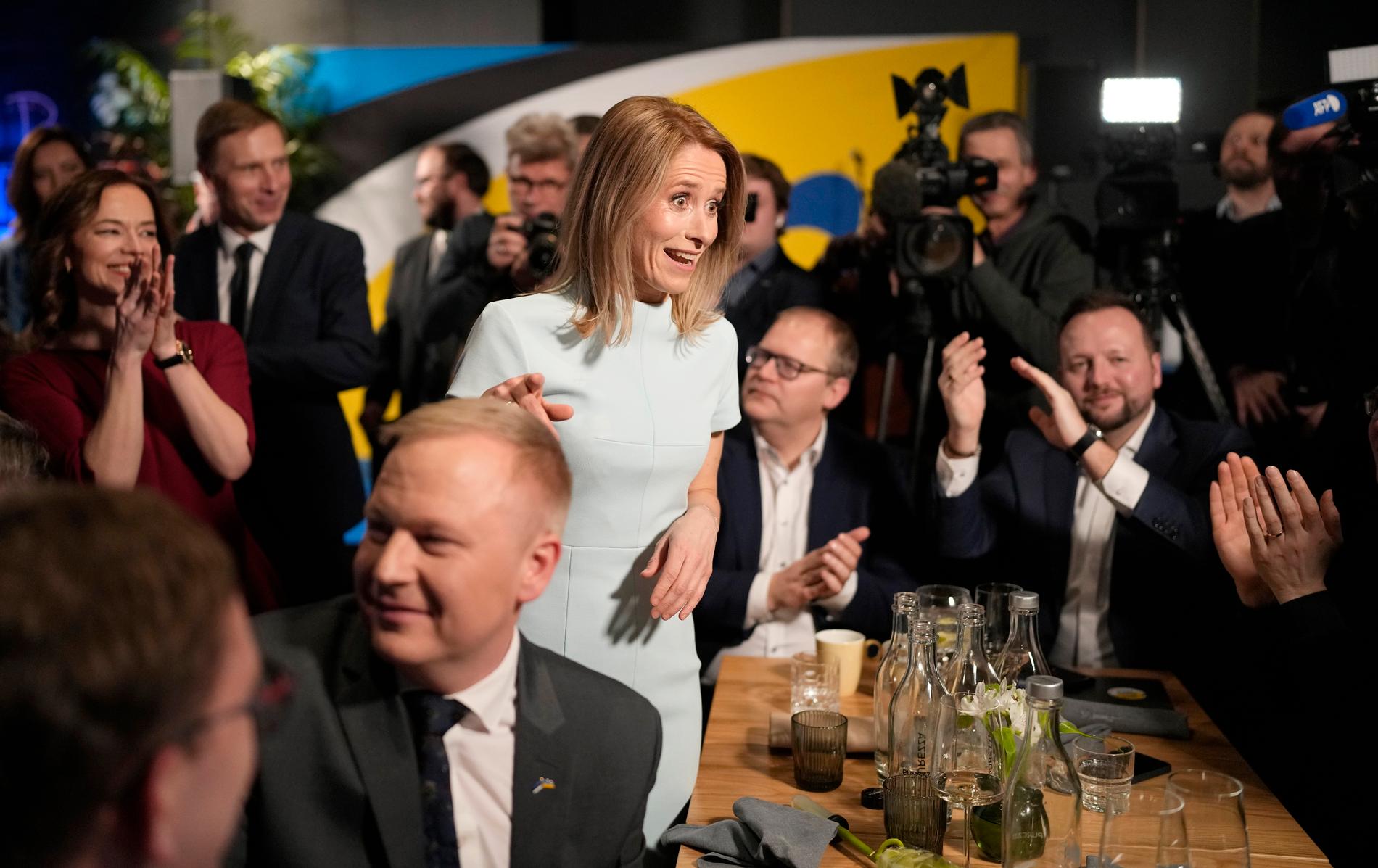 Kaja Kallas vid Reformpartiets valvaka på söndagen.