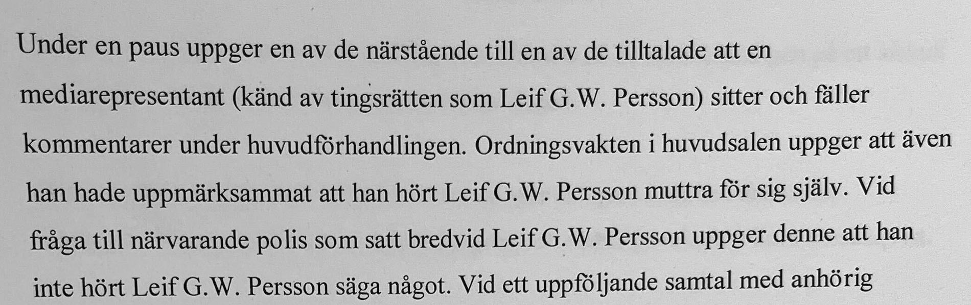 Leif GW Persson har en egen sida i protokollet från rättegången. 
