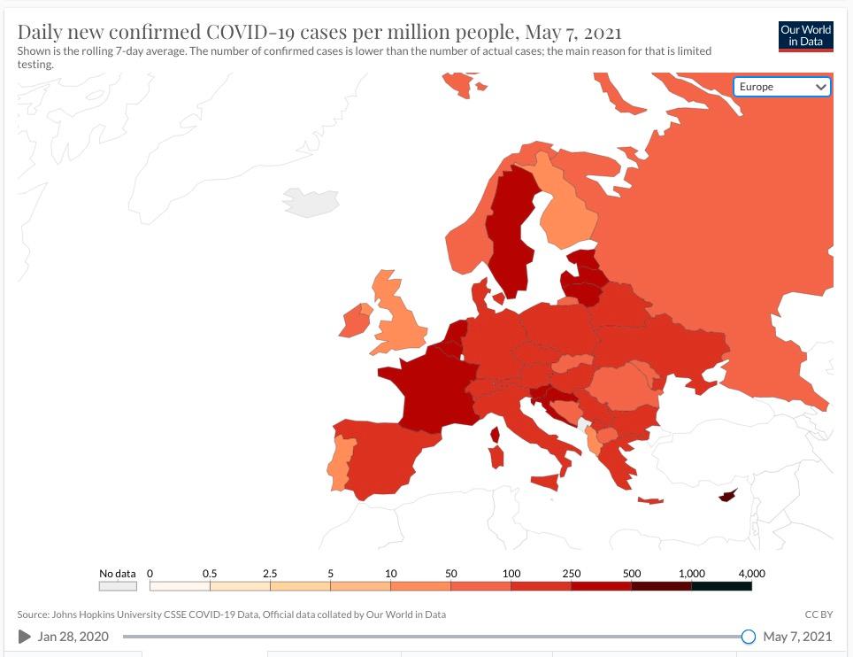 Bara Cypern lyser mer mörkrött än Sverige på kartan som visar coronasmittläget just nu i Europa.