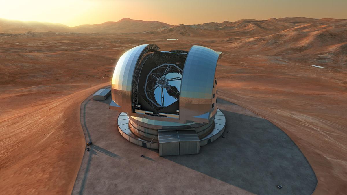 E-ELT (European extremely large telescope). Det här vidundret började byggas sommaren 2014 och ska stå klart för observationer 2024. Notera gärna de små bilarna där nere.