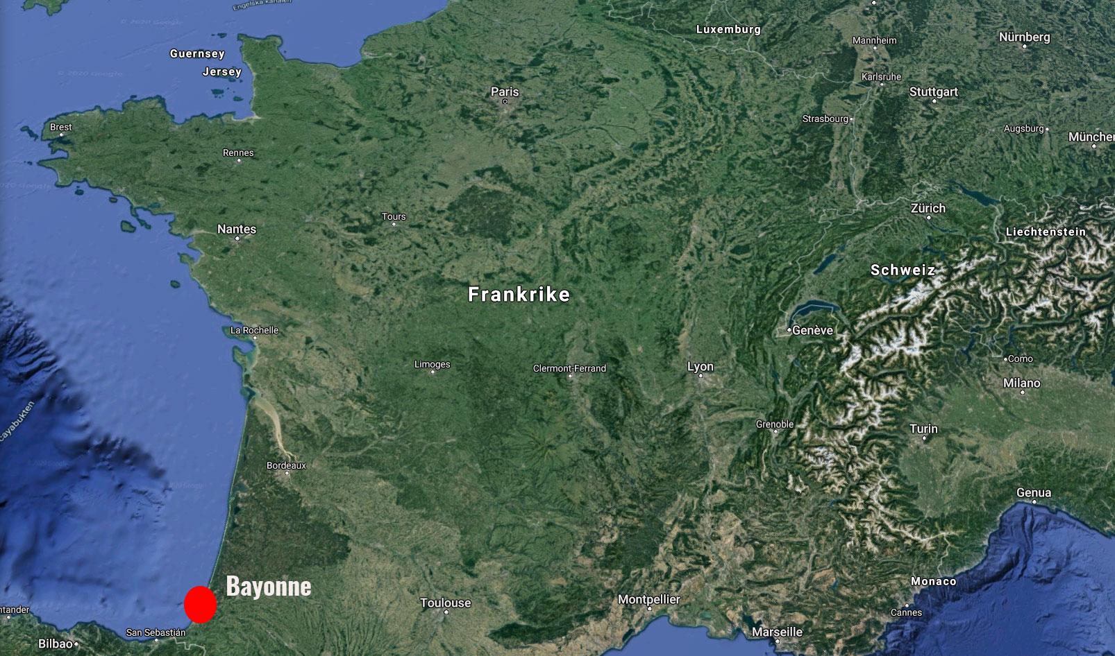 Staden Bayonne ligger i sydvästra Frankrike, nära gränsen till Spanien.