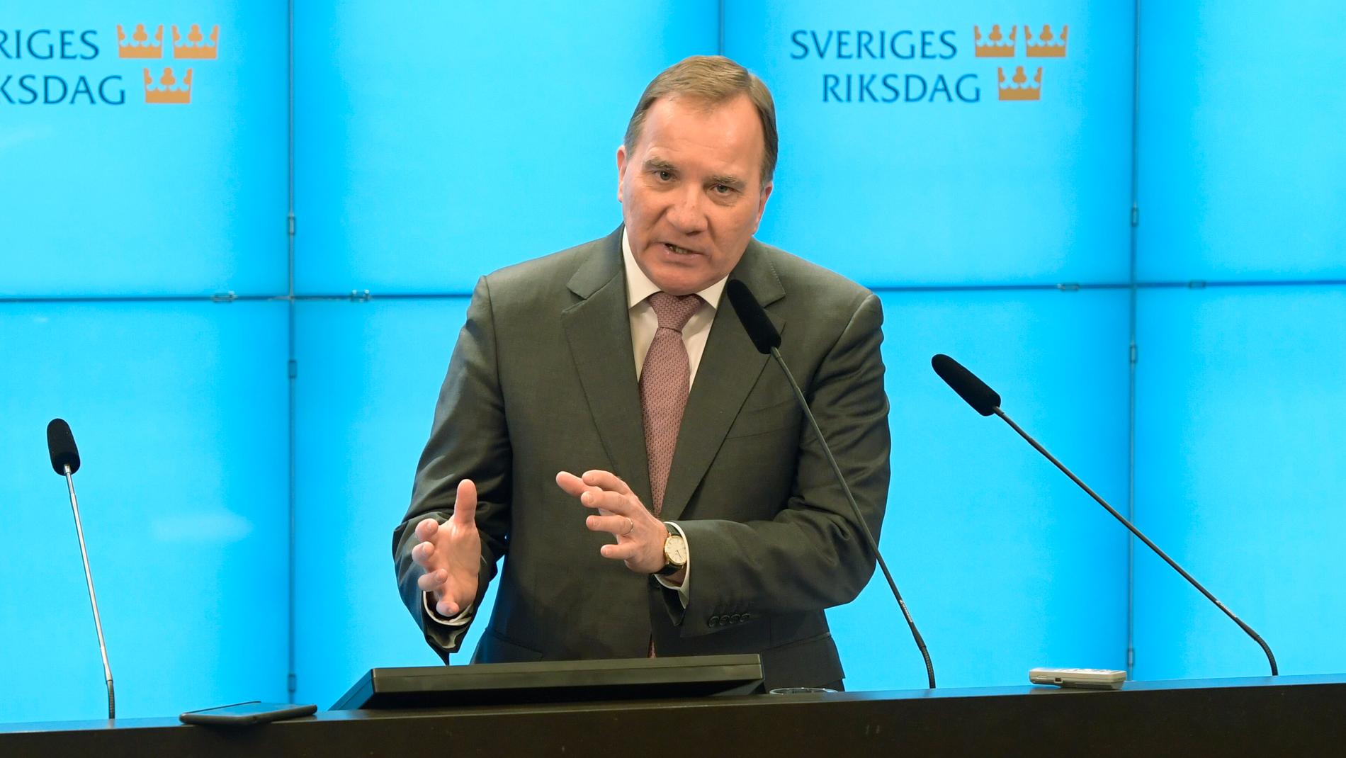 Statsminister Stefan Löfven (S) under måndagens pressträff i riksdagen.
