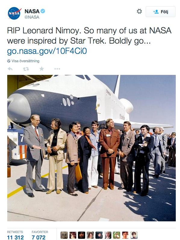Även rymdorganisationen NASA hyllar den bortgångne skådespelaren.