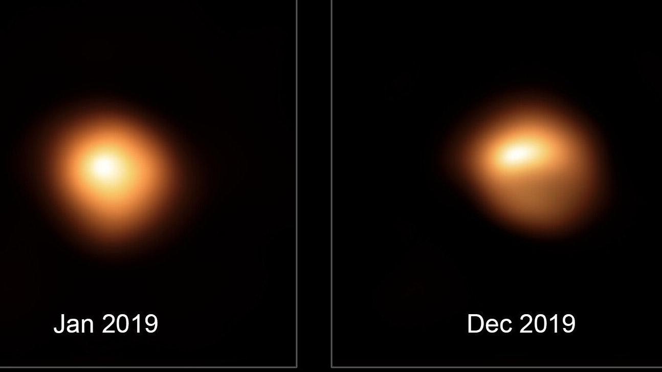Två bilder av Betelgeuse som visar hur dess ljusstyrka avtog under 2019. I den vänstra bilden, tagen i januari 2019, syns jättestjärnan som den normalt ser ut. I bilden till höger, tagen i december samma år, har ljusstyrkan minskat väsentligt. Hur detta kommer sig, vet inte forskarna.