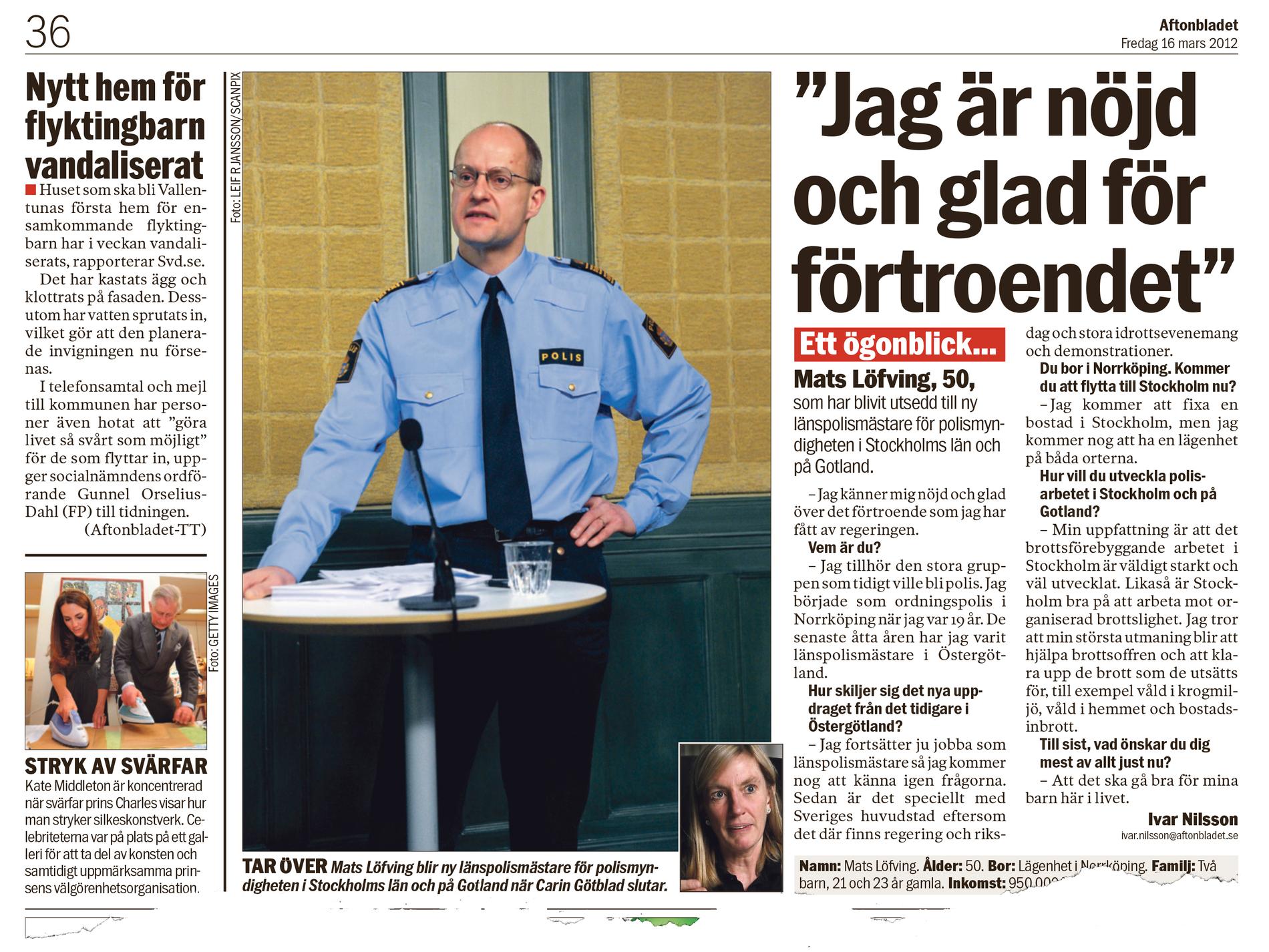 Aftonbladets artikel från den 16 mars 2012, då han utsetts till ny länspolismästare i Stockholm och på Gotland.