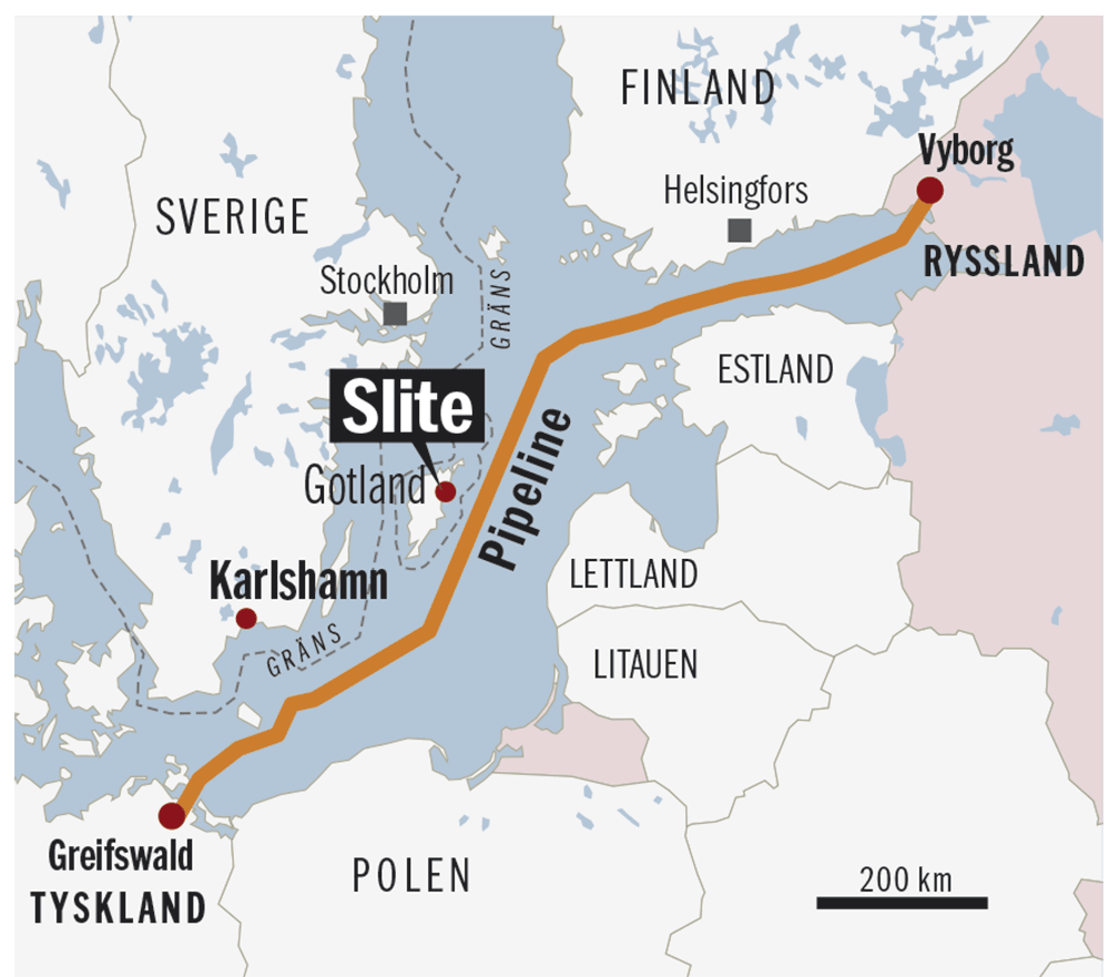 Sträckningen för gasledningen i Östersjön.