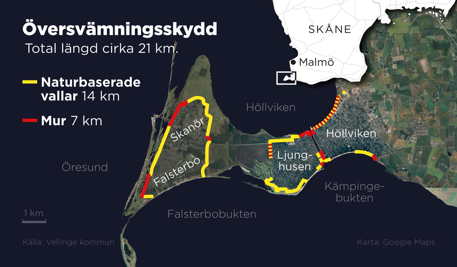Kartan visar sträckningen för det planerade översvämningsskyddet på Falsterbonäset i Skåne.