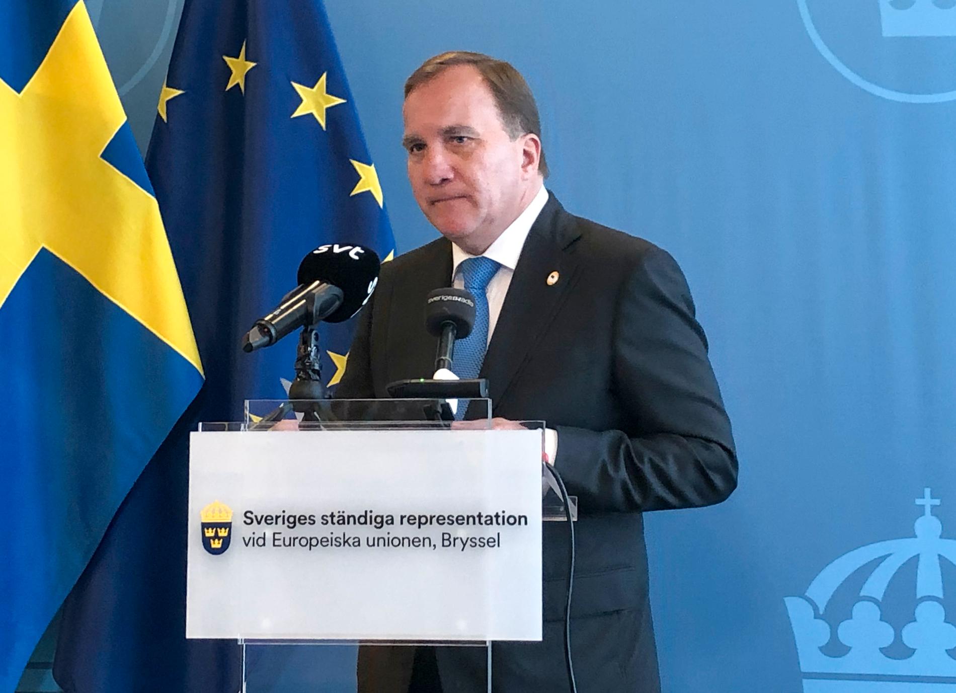 Statsminister Stefan Löfven (S) träffar svenska journalister i Bryssel inför fredagens toppmöte om coronastöd och nästa långtidsbudget.
