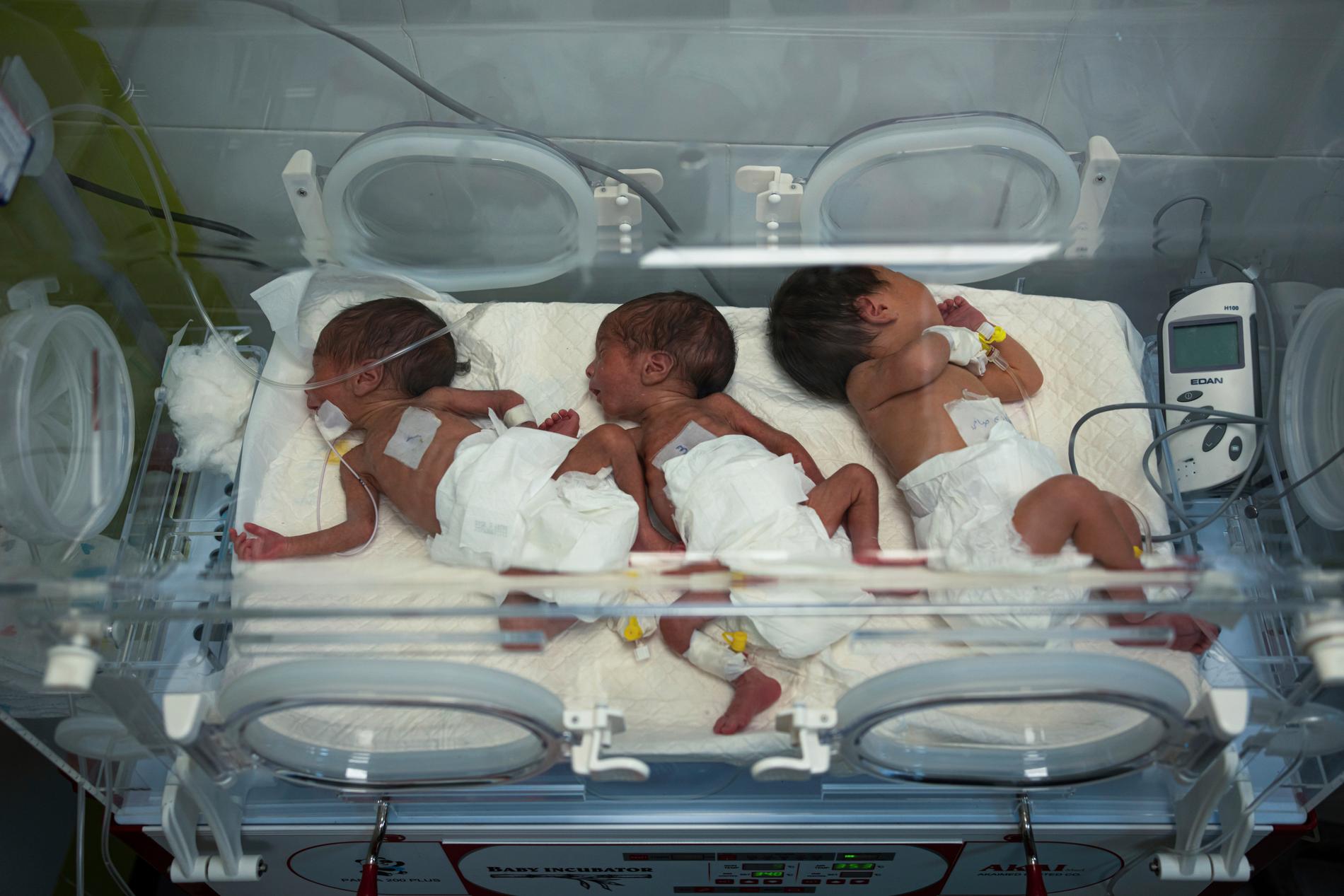 Nyfödda barn i en kuvös på Emirati-sjukhuset i Gaza i början av mars. Sexton för tidigt födda barn har dött på sjukhuset under de senaste veckorna, enligt en anställd läkare som Associated Press har pratat med.