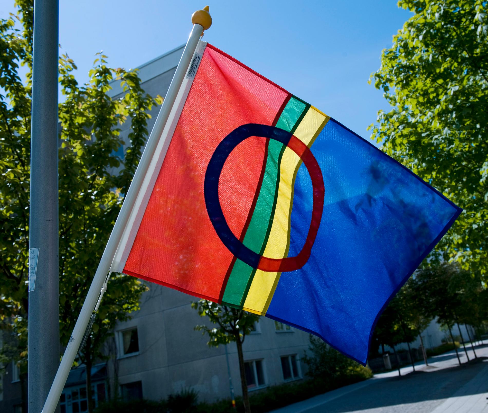 Sameflaggan har lånat färgerna från den samiska dräkten. Arkivbild