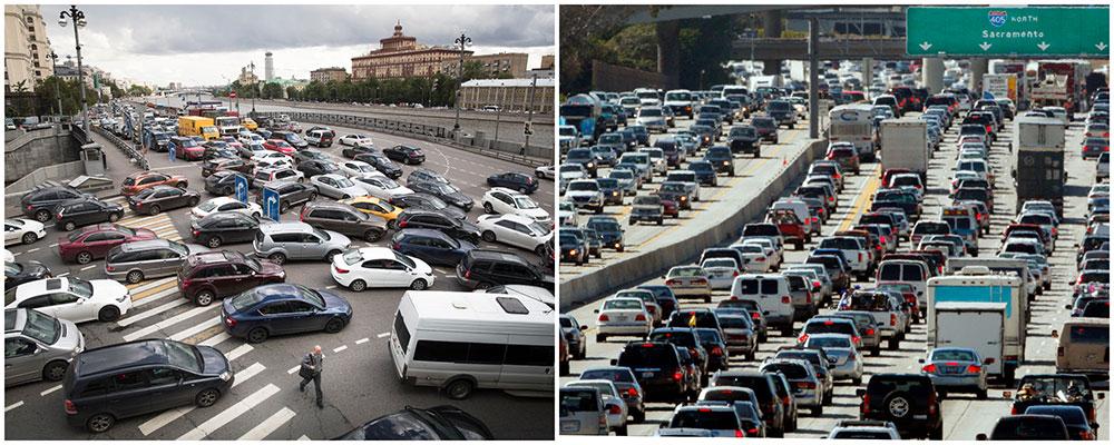Trafikkaos i Moskva till vänster och bilköer i rusningstrafik i Los Angeles till höger. 