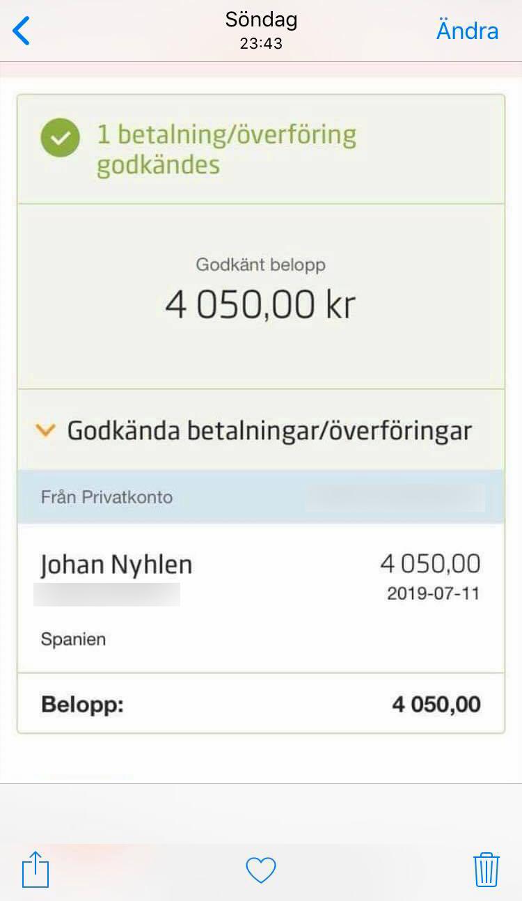 När Johan Nyhlén kräver pengarna tillbaka så ska bedragaren ha skickat bilder på kontoöverföringar. Som bevis att han betalar tillbaka. Det ser äkta ut men när Johan kollar med banken så har inga pengar betalats in.