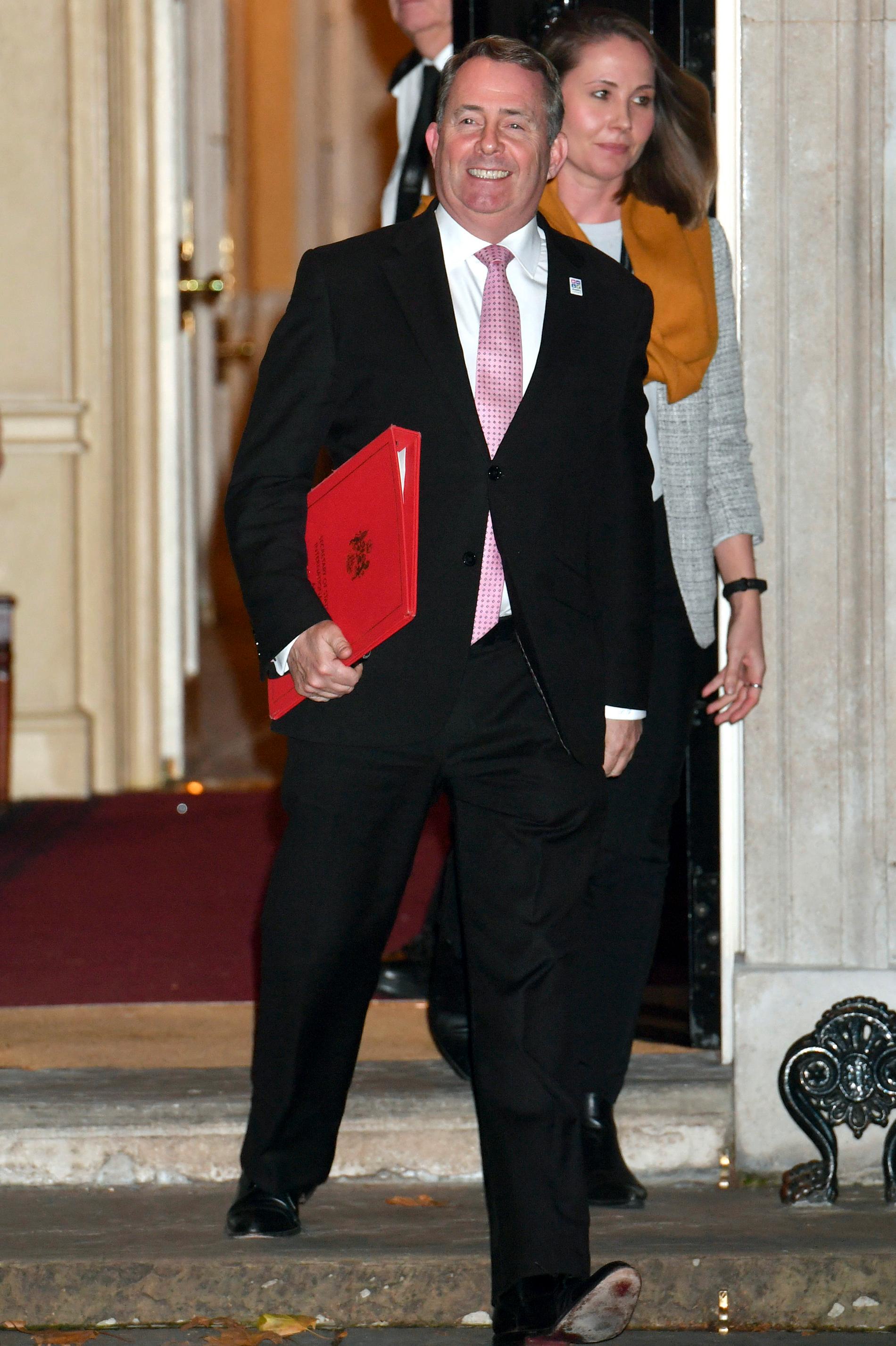 Liam Fox, Storbritanniens minister för internationell handel, lämnar Downing Street 10 på tisdagskvällen.