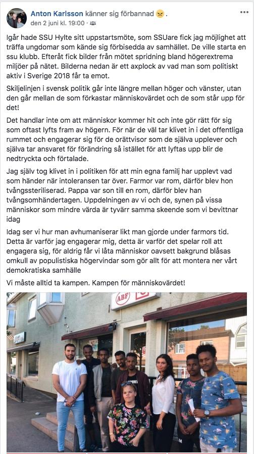 Anton Karlsson har skrivit ett inlägg på Facebook om hatet SSU Halland mött.