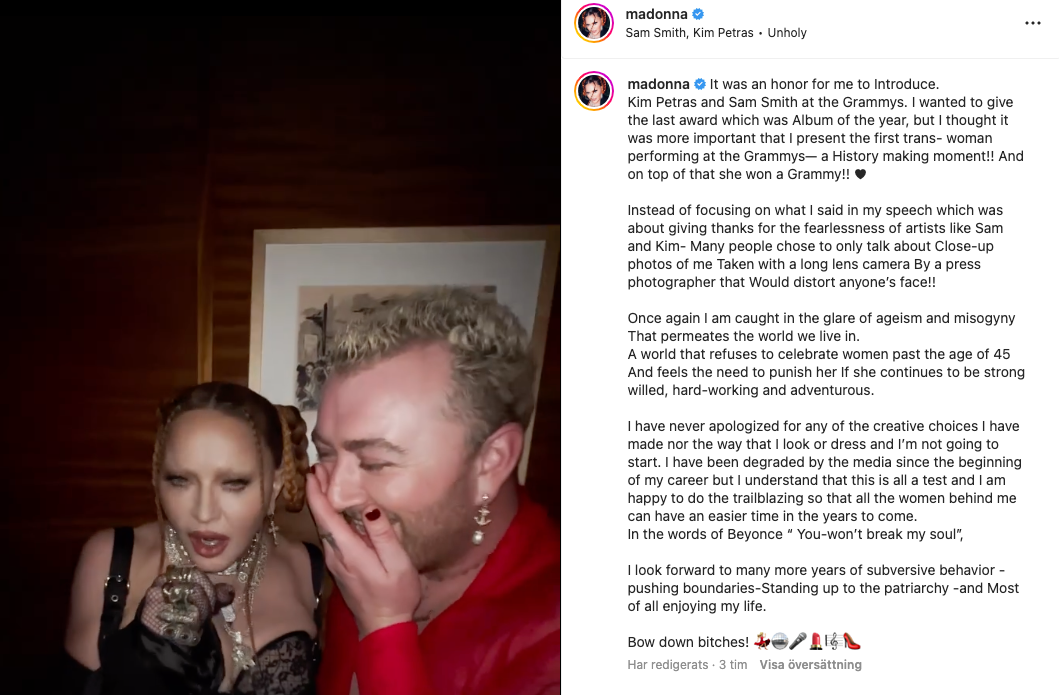 Madonna lade upp ett långt inlägg på Instagram efter Grammygalan.