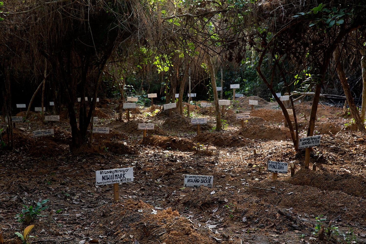 På en begravningsplats inne i djungeln vilar de som inte överlevt smittan. Det finns 160 gravar där.