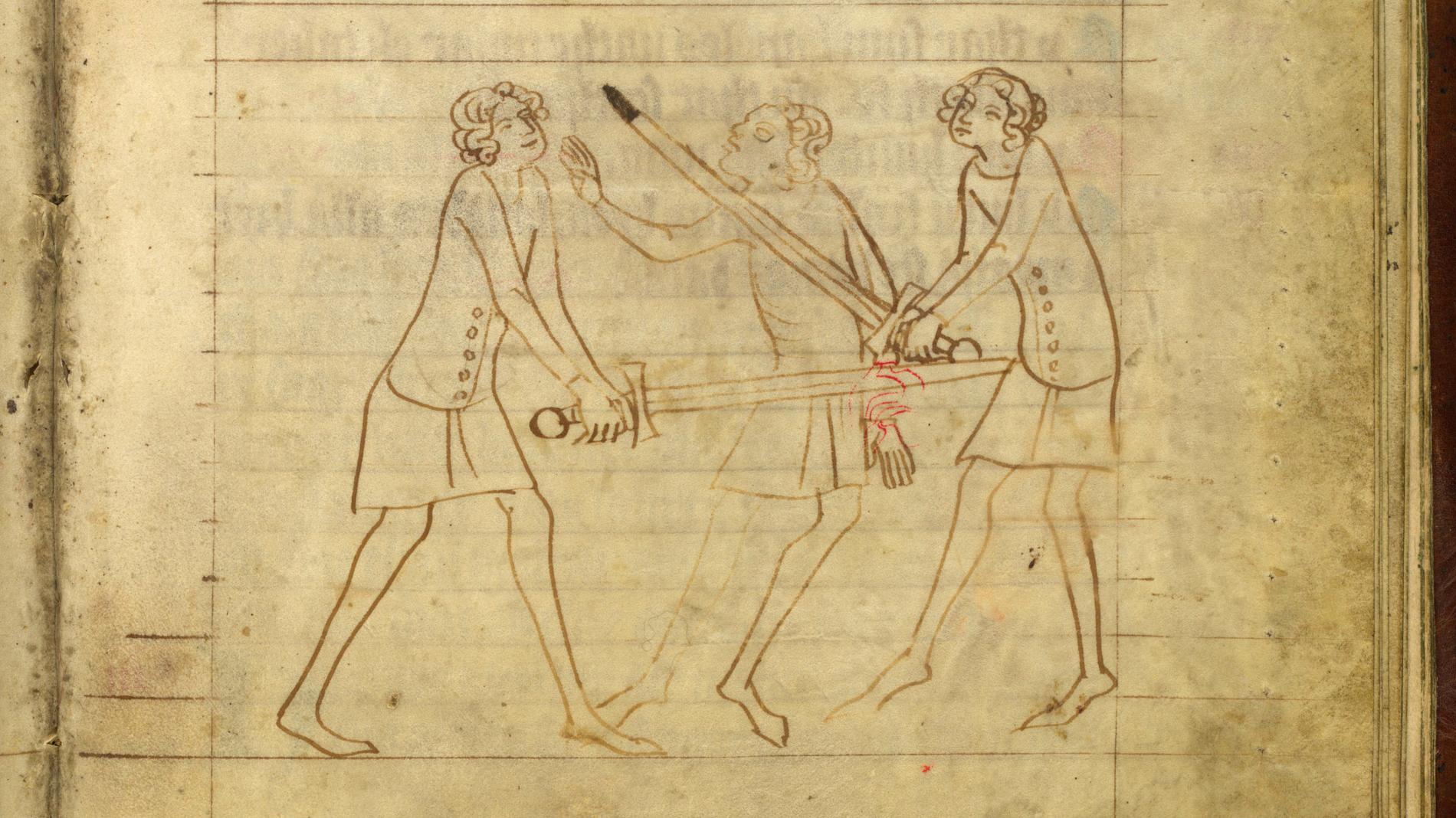 Man som hugger handen av en annan man. Magnus Erikssons landslag med balkar ur Yngre Västgötalagen (1375–1400).