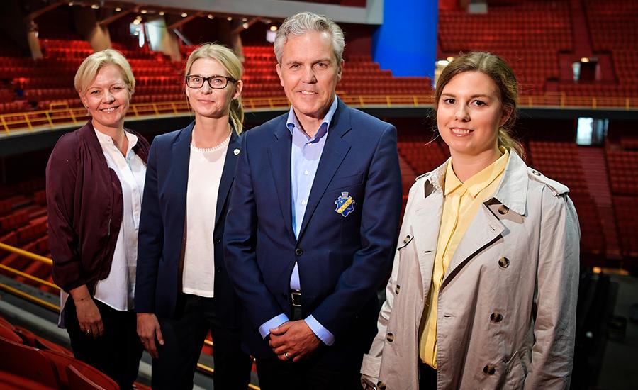 Marie Lindqvist (vd för Stockholm Globe Arenas), Jenny Silfverstrand (vd för Djurgården Hockey), Anders Olson (vd AIK Hockey) och Emilia Bjuggren (Idrottsborgarråd Stockholm).