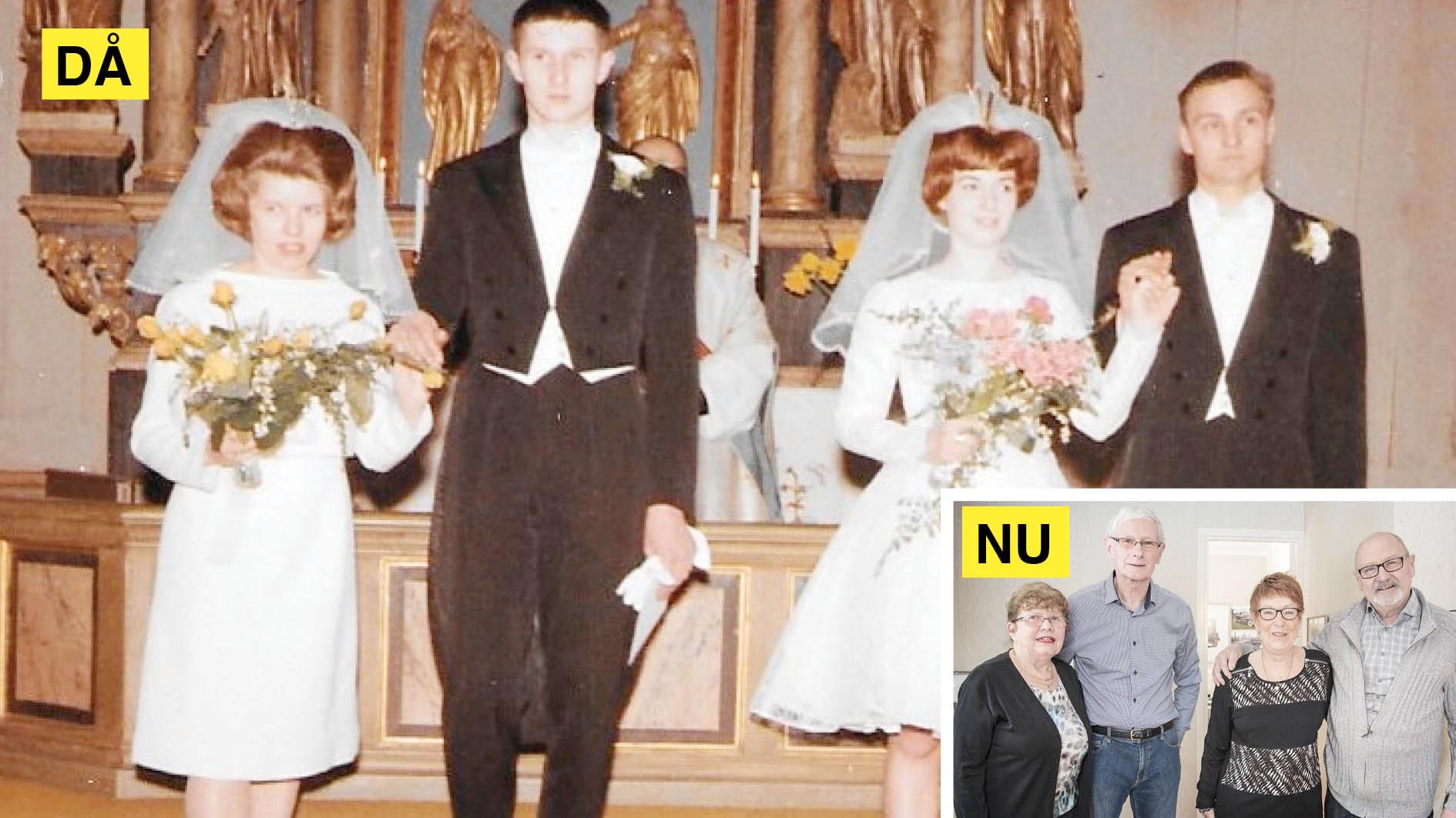 Henrietta och Leif, Sonia och Sören vid sitt dubbelbröllop 1965 i Ekshärads kyrka i Värmland.