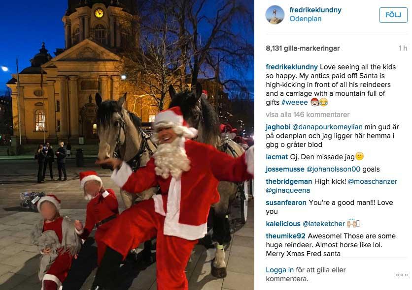 Här har Fredrik Eklund, stjärnmäklaren i New York, plötsligt blivit tomte i centrala Stockholm (inlägget från hans Instagram)