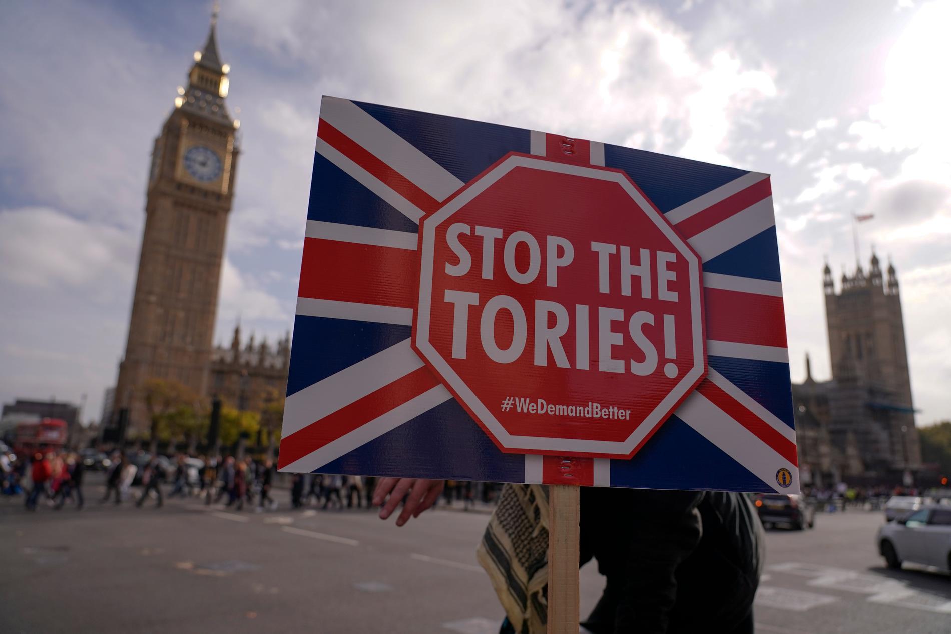En demonstrant med ett plakat utanför Houses of Parliament i London på onsdagen. 