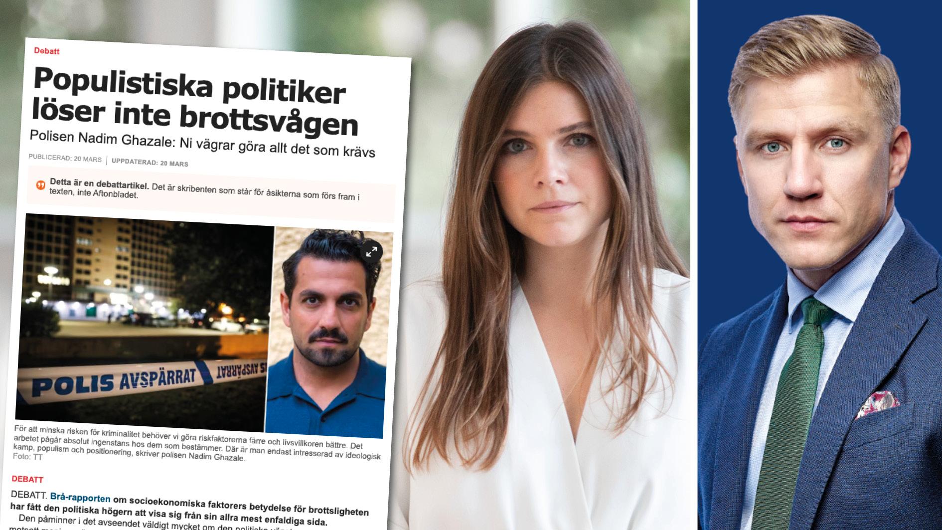 Polisen Nadim Ghazale beskriver högersidan i svensk politik som ideologiskt marinerad och med skygglappar. Hos oss finns inga skygglappar. Vi kommer göra det som krävs mot brottsligheten. Replik från Louise Meijer och Fredrik Kärrholm, Moderaterna.