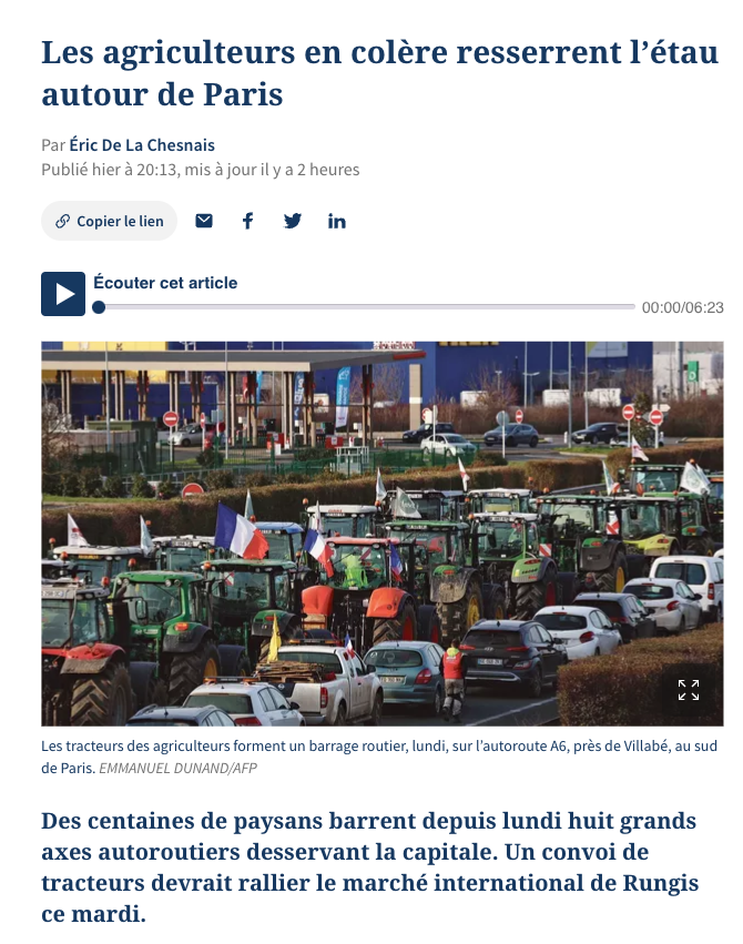 Den franska tidningen Le Figaro rapporterar om böndernas ilska.