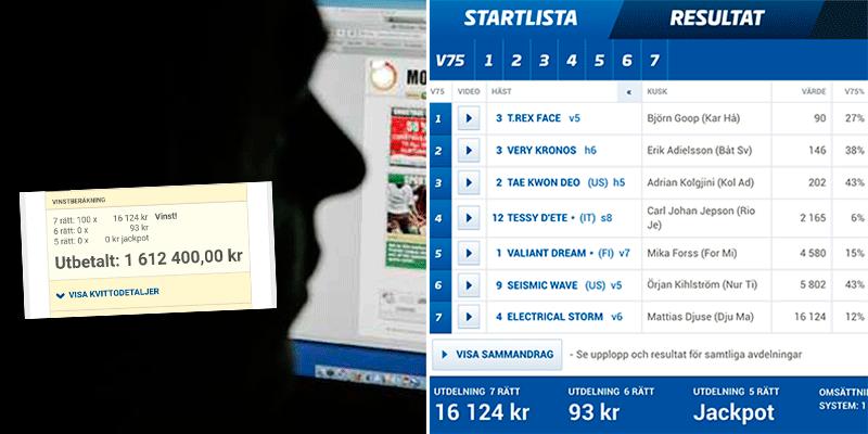 35-åringen från Malmö spelade 100 enkelrader på V75 och vann 1,6 miljoner