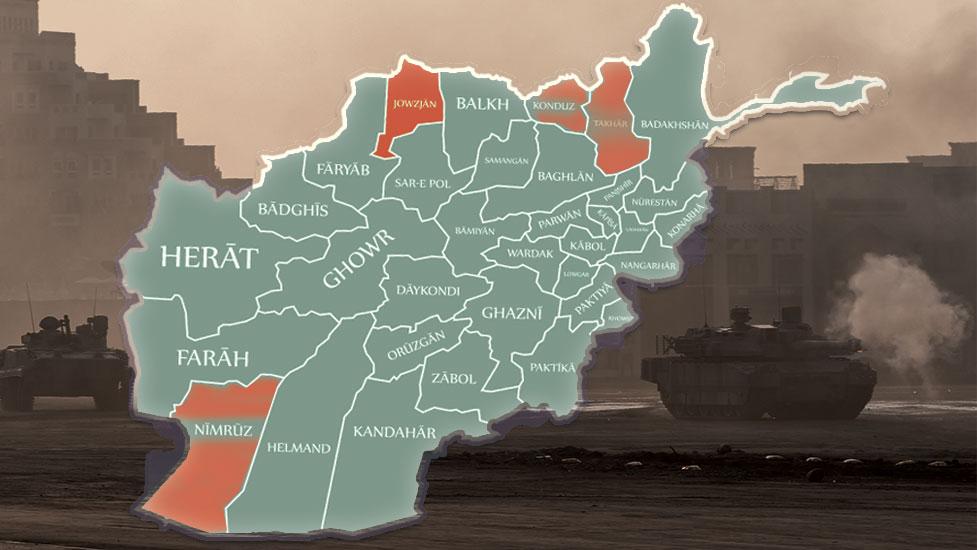 Afghanistan. Provinserna Jowzjan, Kunduz, Takhar och Nimruz utmärkta.