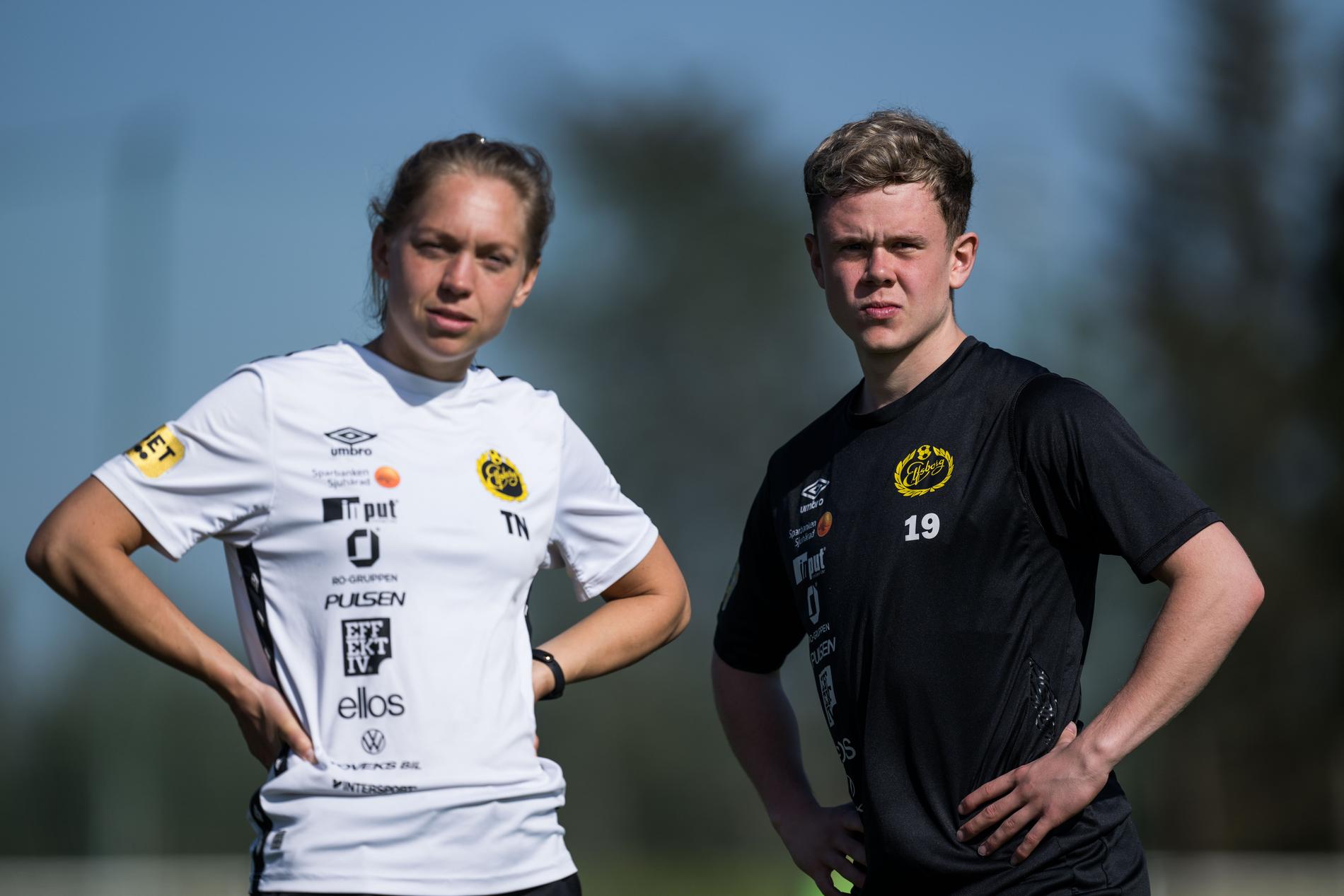 Elfsborgs fysioterapeut Tania Nilsson och Eggert Aron Gudmundsson under en träning med Elfsborg den 2 februari 2024 i Alcantarilha.