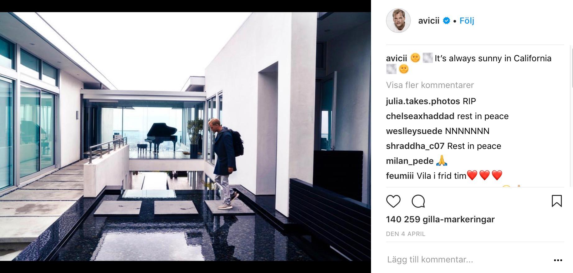Sista inlägget på Aviciis oficiella Instagramkonto ”Avicii”, daterat den 4 april. 