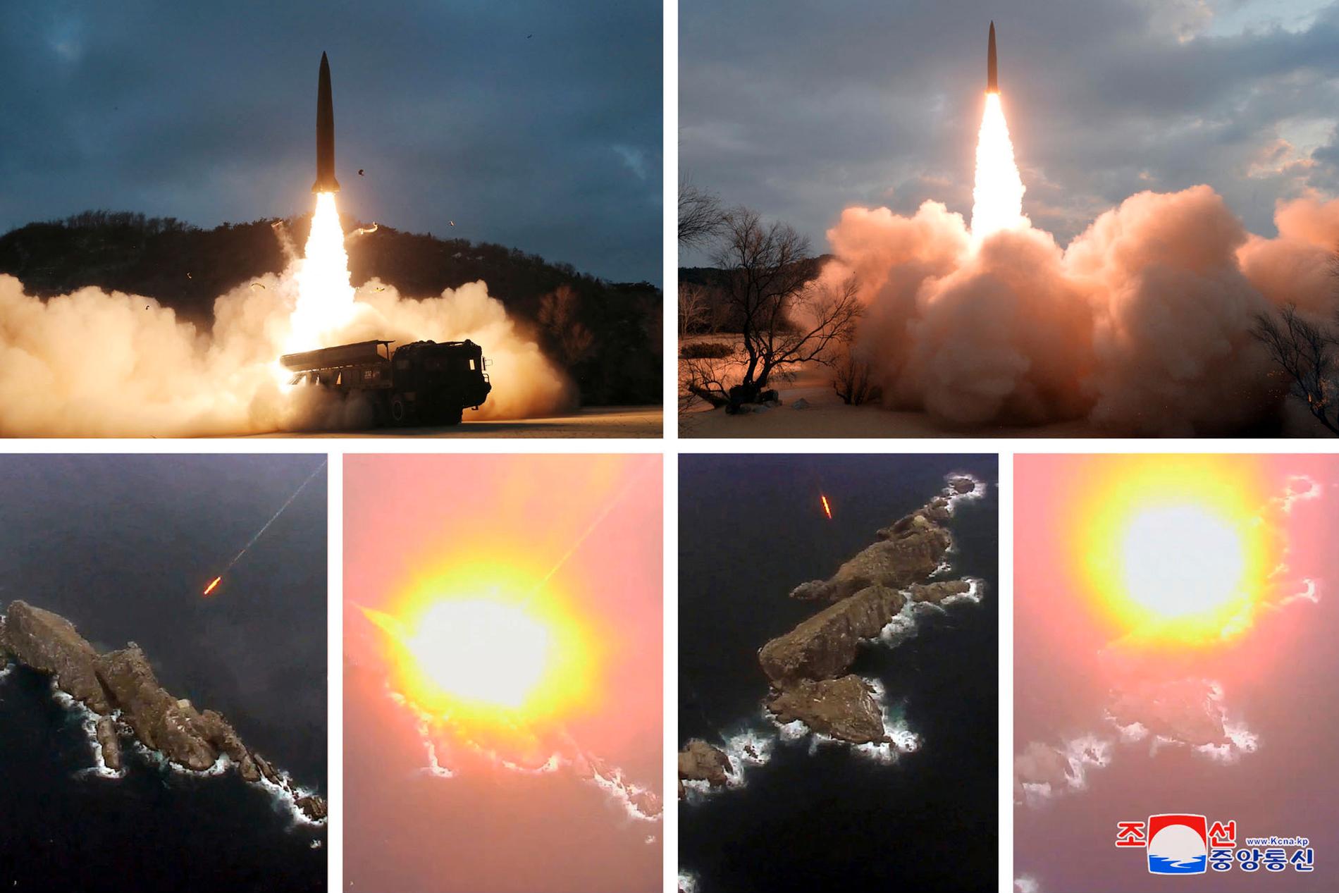 Den här kombinationen av bilder uppges av Nordkorea vara testskjutningar av robotar i torsdags.