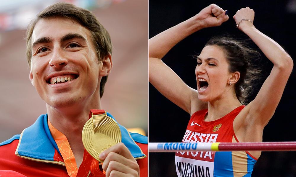 Regerande världsmästarna Sergej Sjubenkov, 110 meter häck, och Maria Kutjina, höjdhopp.