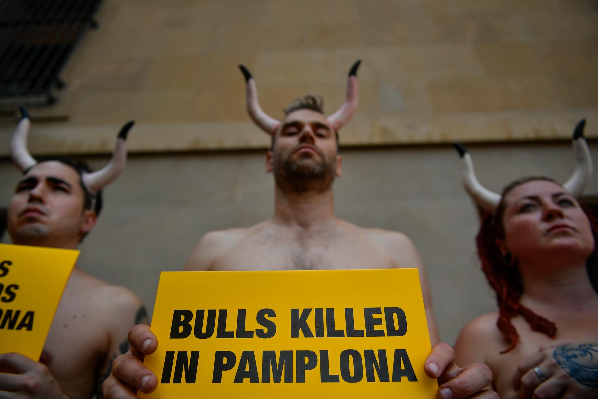 Aktivister protesterade under fredagen mot de traditionella tjurrusningarna i Pamplona.