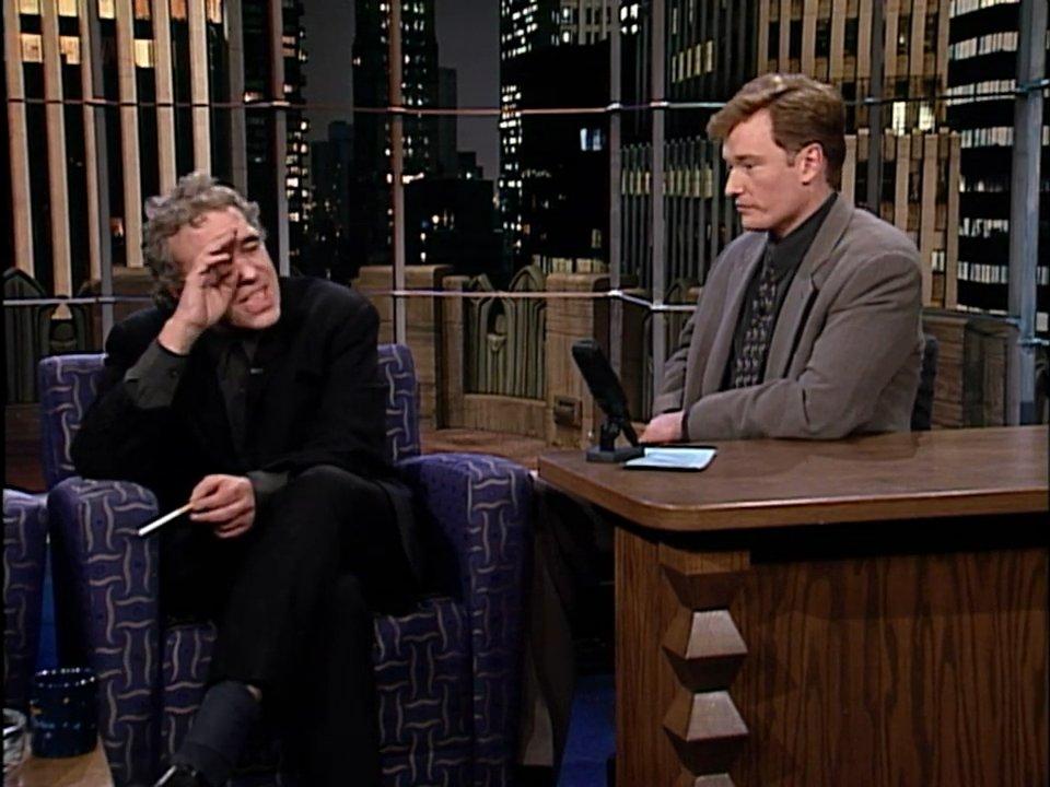 Abel Ferrara och Conan O’Brien 1996. Vid ett tillfälle undrade O’Brien skämtsamt om Ferrara hade tagit ett alkoholtest.