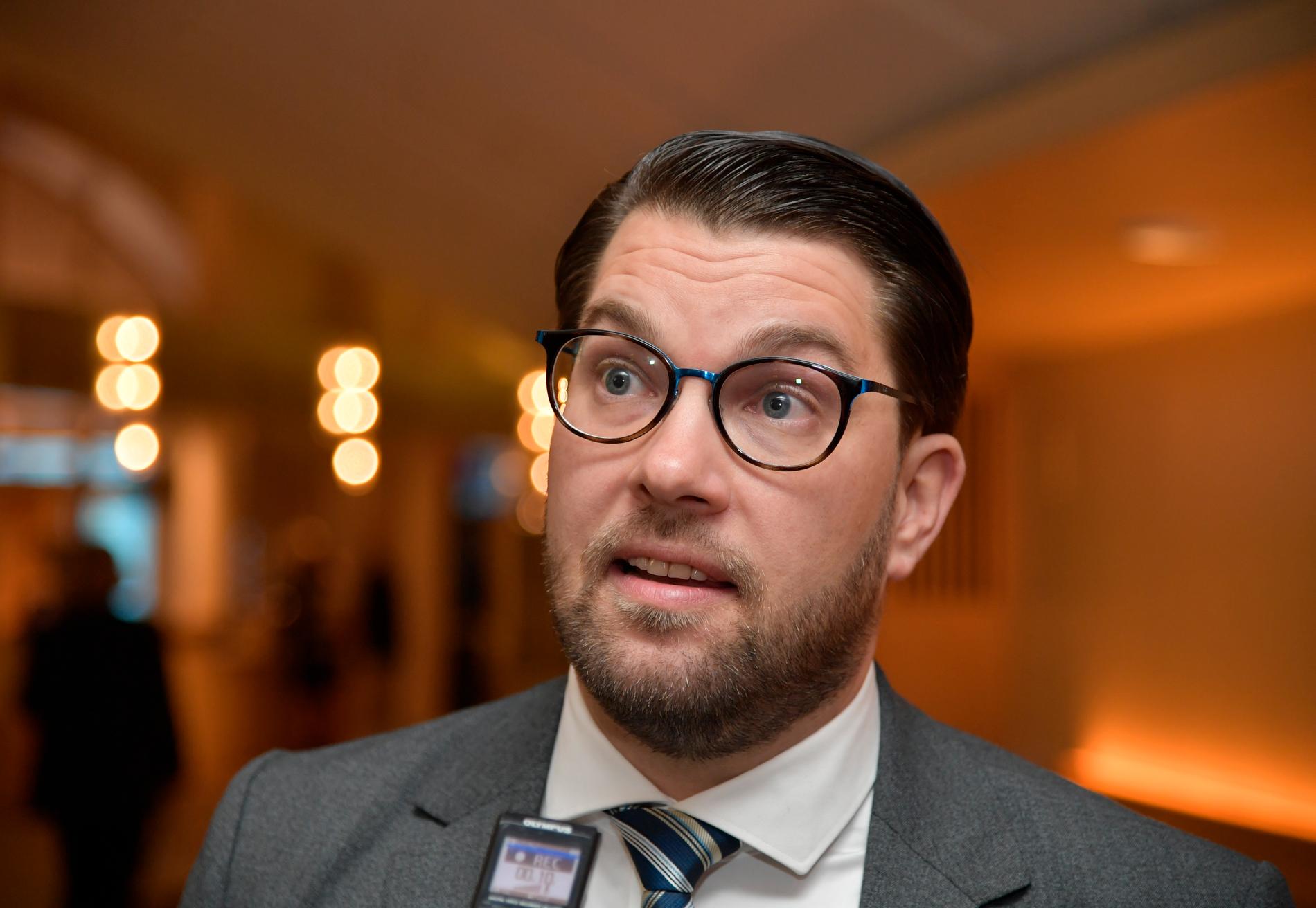 Sverigedemokraternas partiledare Jimmie Åkesson ar nöjd över mötet med Moderatledaren Ulf Kristersson.