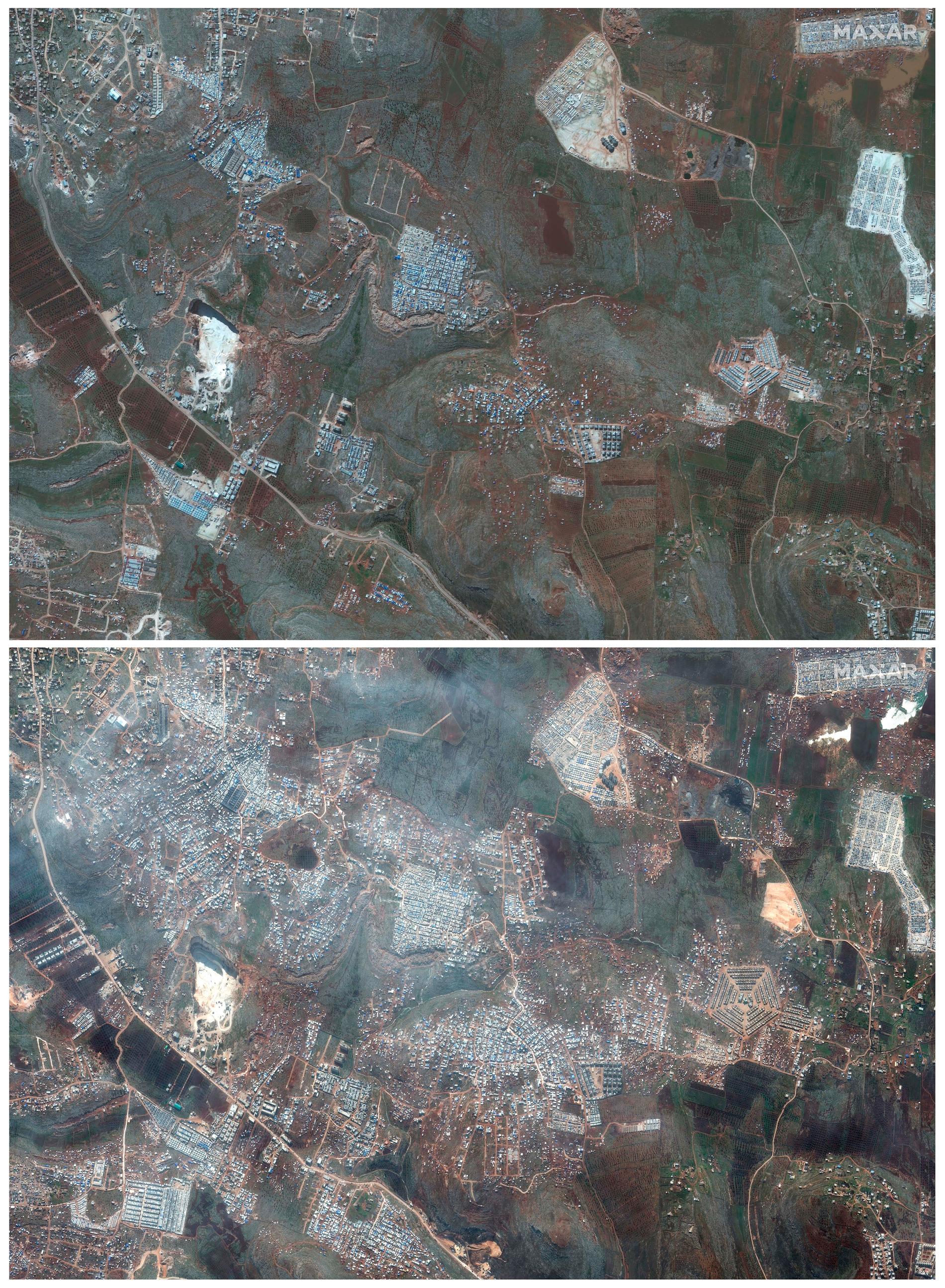 En satellitbild över flyktingläger för människor på flykt nära Kafaldin i norra Syrien, nära gränsen till Turkiet. Vid en jämförelse med en bild från samma tid förra året syns att flyktinglägren växer i snabb takt.