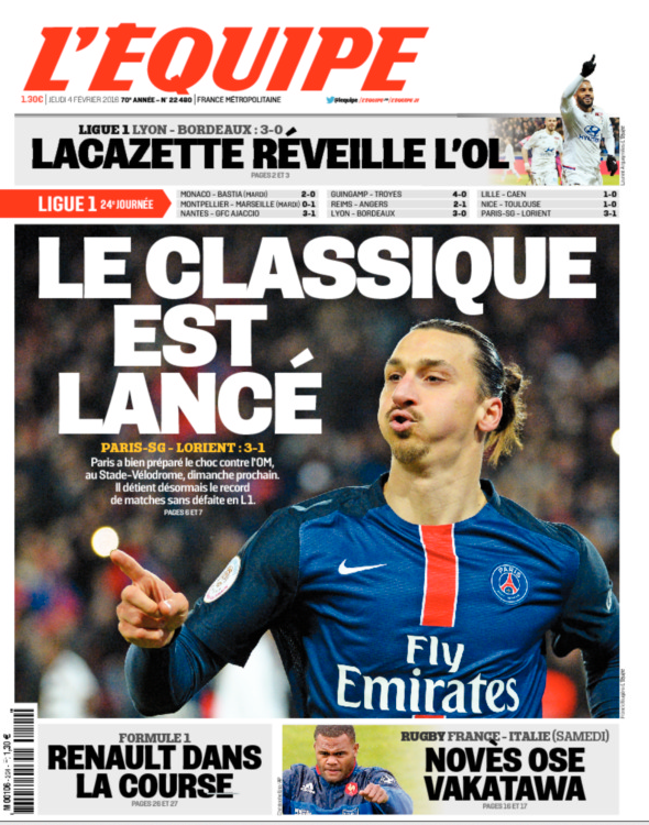 l'Equipe i dag. Rubriken: ”Upplagt för Le Classique”. På söndag brakar PSG samman med Marseille.