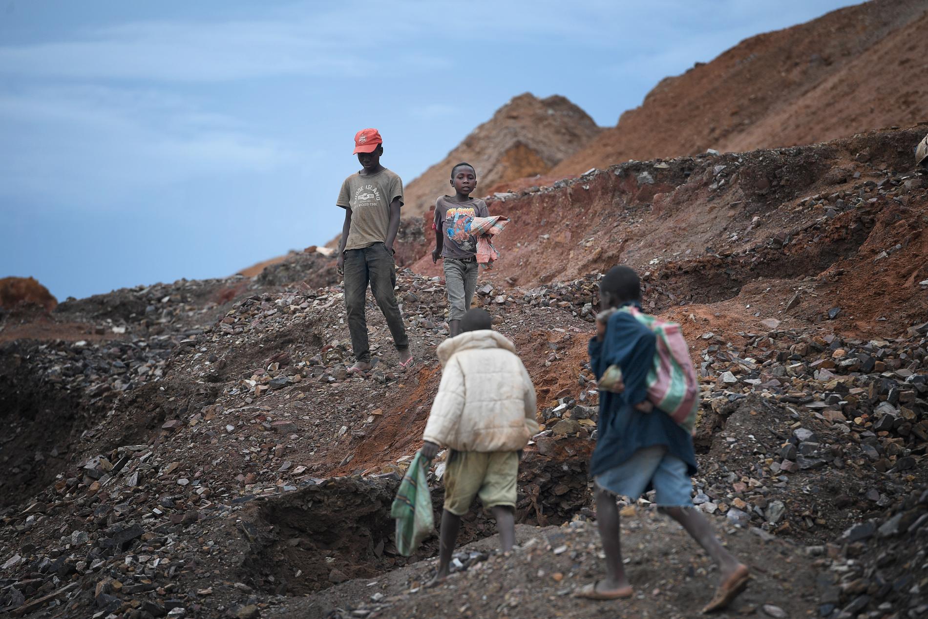 Barn arbetar i koboltgruvor i Kongo