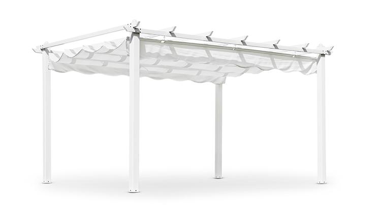 Pergola med stomme i vit aluminium, tak i polyester samt draganordning för att justera taket, Pergolux, 300 × 400 cm, 6 999 kr, Hillerstorp, Ellos.