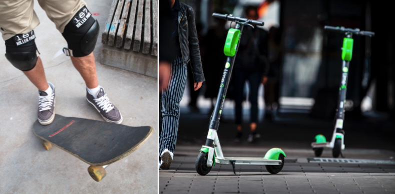 Skateboardåkare/elsparkcyklar av märket Lime.