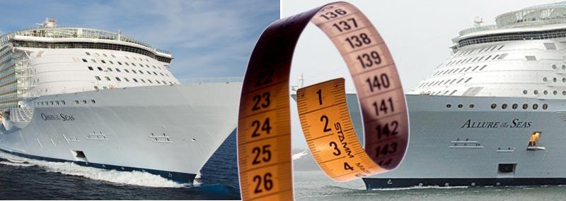 Mätningar visar att det skiljer fem centimeter mellan de 362 meter långa systerfartygen Oasis of the Seas och Allure of the Seas.
