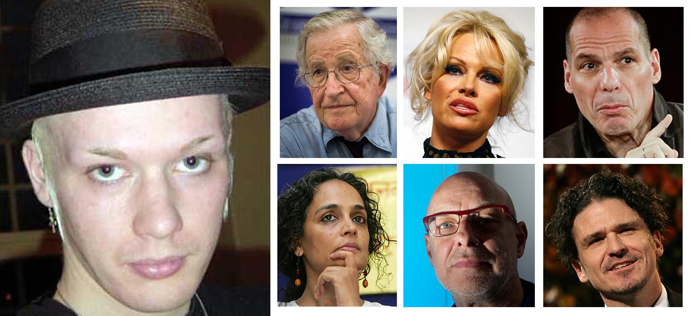 Ola Bini (tv). Noam Chomsky, Pamela Anderson, Yanis Varoufakis, Arundhati Roy, Brian Eno och Dave Eggers