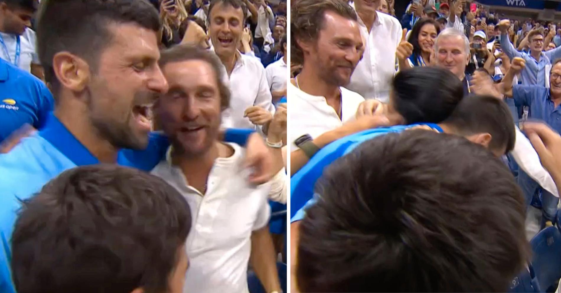 Glädjescener i Novak Djokovics box efter segern.