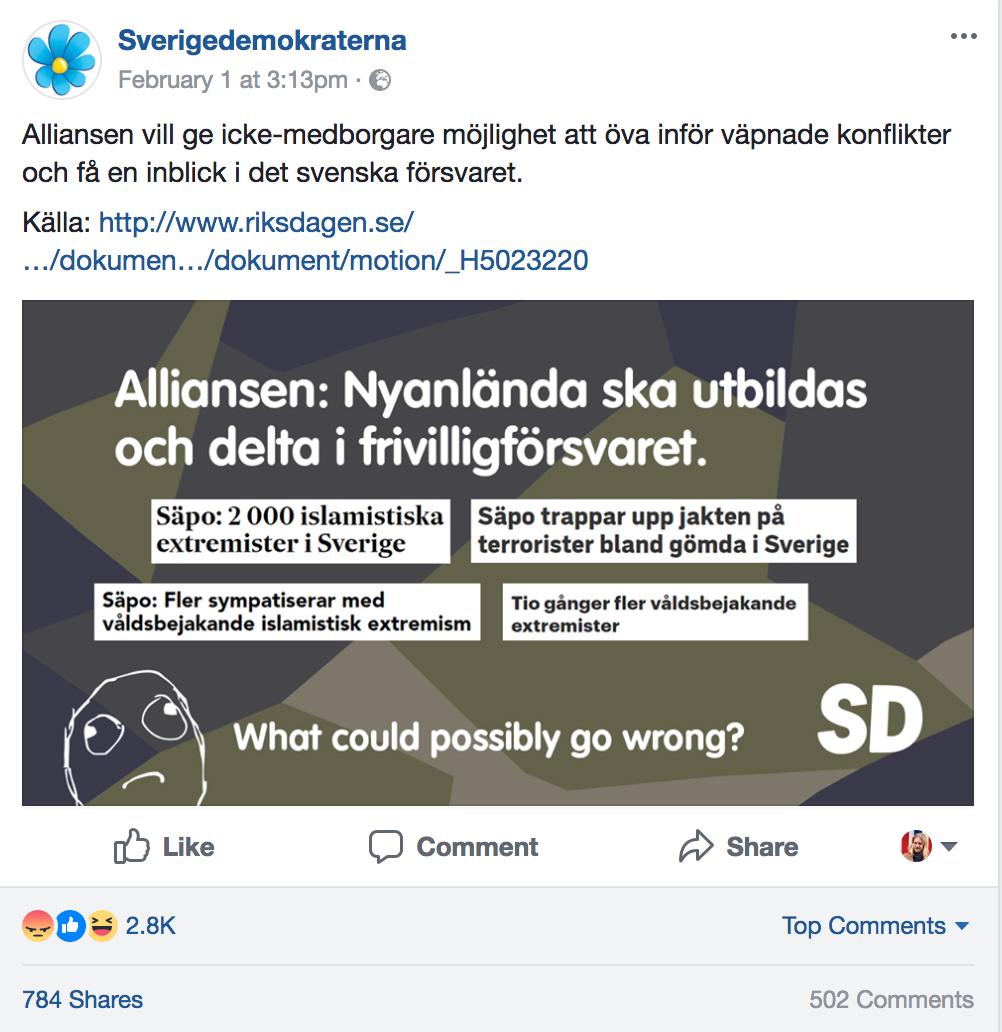 Exempel på hur Sverigedemokraterna jobbar på Facebook, med humoristiska och lättillgängliga budskap – och massa interaktioner.