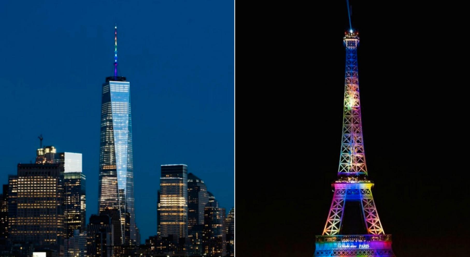 Två byggnader som lyses upp för att visa solidaritet: One World Trade Center i New York och Eiffeltornet i Paris.