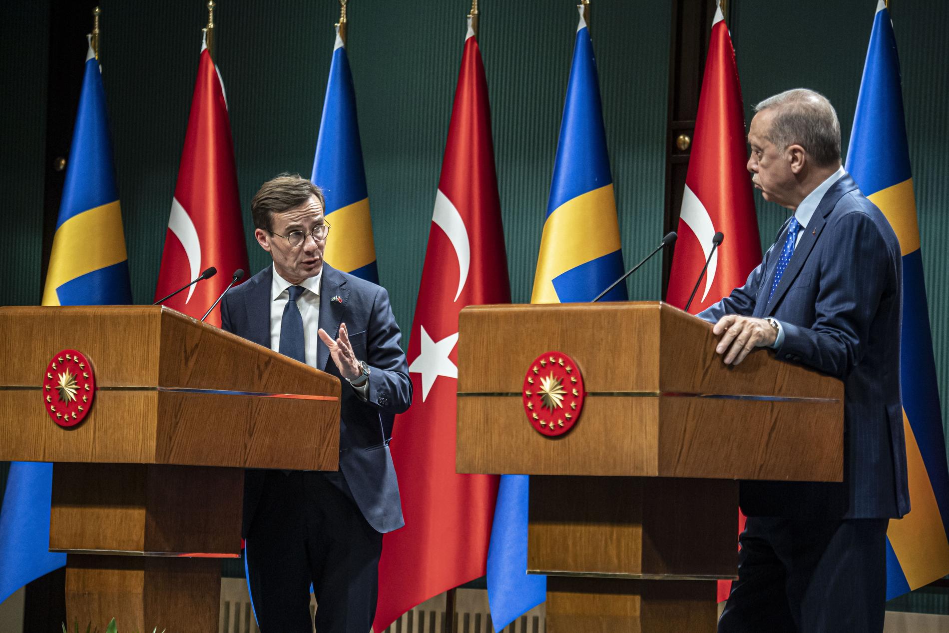 Ulf Kristersson och Recep Tayyip Erdogan under en presskonferens förra året. 